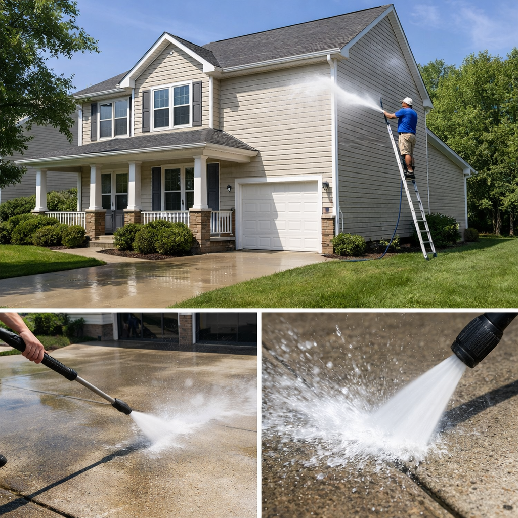Pressure washing residential driveway and house